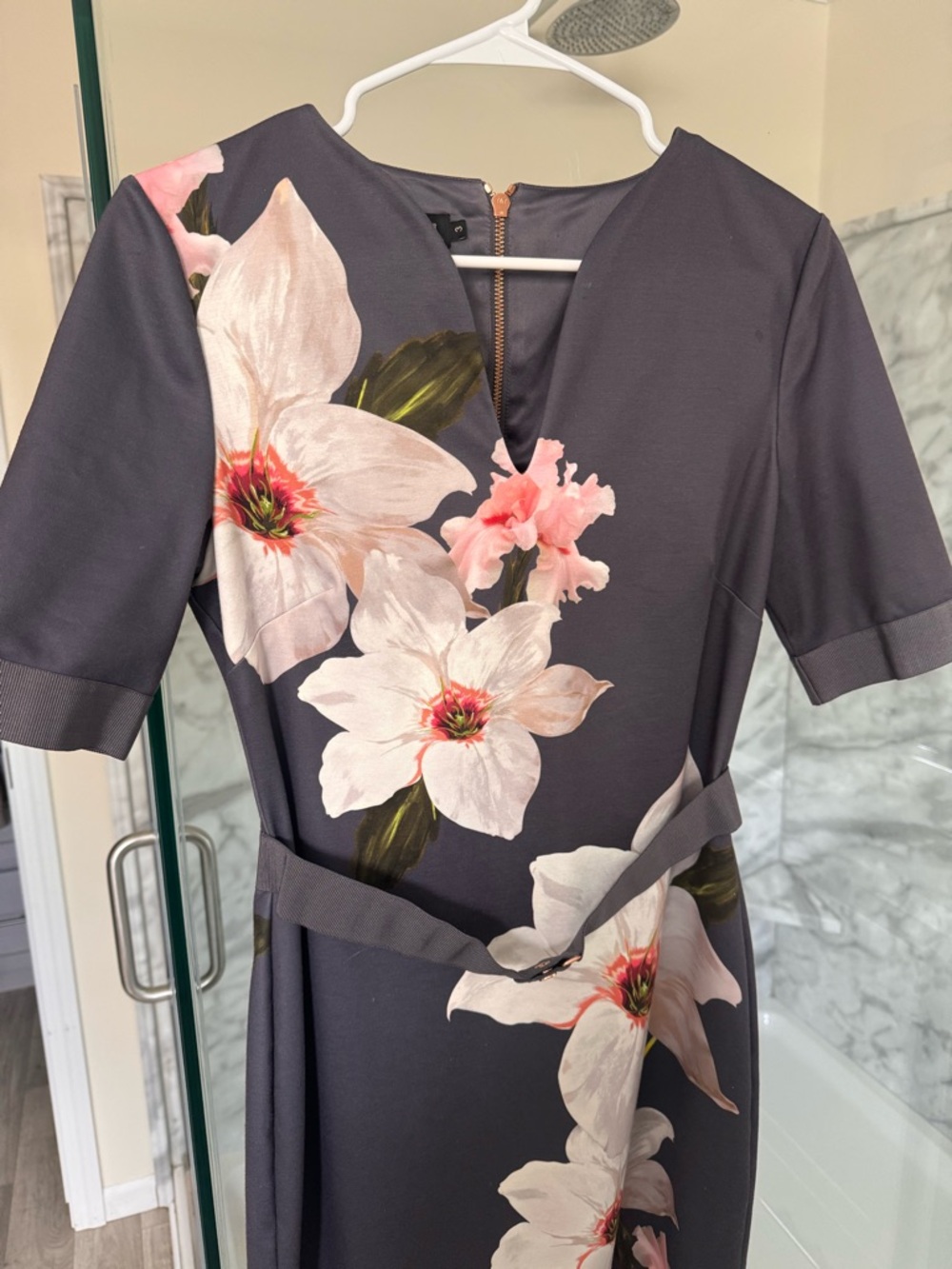 Ted Baker Charcoal Midi Dress with Pink and White Floral Print